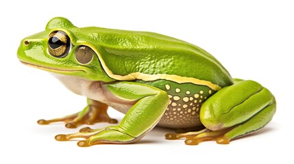 Fototapeta premium Bright Green Tree Frog with Smooth Skin and Yellowish Belly on White Background