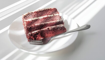 Delicious slice of red velvet cake on white plate with fork