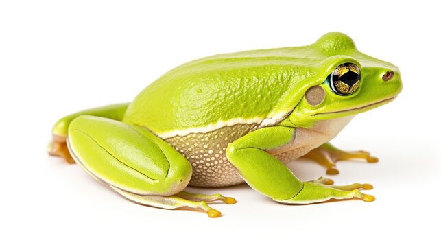 Bright Lime Green Tree Frog Standing Idle on a Clean White Background