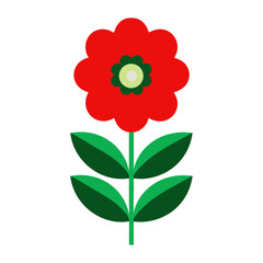 Simple flat design illustration of a red flower with a yellow center and green leaves on a white background.