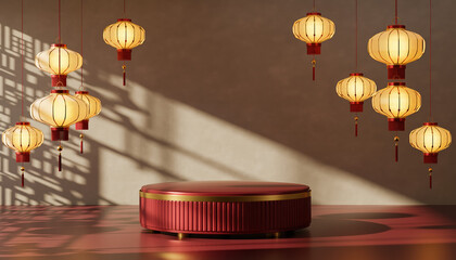 Red Podium with Hanging Lanterns in Modern Room