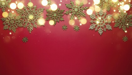 Golden Snowflakes on Red Background with Bokeh Lights