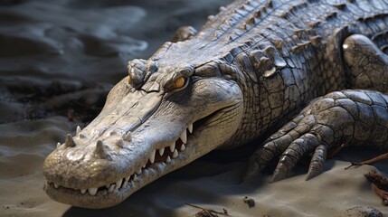 Obraz premium Close-up of a large crocodile basking on a muddy riverbank beside dark water