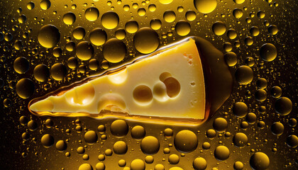 Golden Cheese Slice with Water Droplets on Dark Background