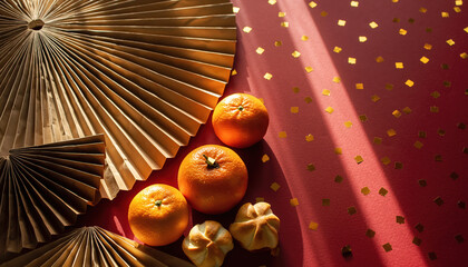 Golden Oranges and Dumplings on Red Background with Confetti