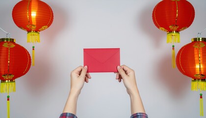 person holding red envelope surrounded by chinese lanterns