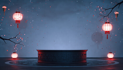 Chinese Lanterns on Branches with Empty Pedestal