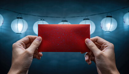 Hands holding red envelope with paper lanterns background