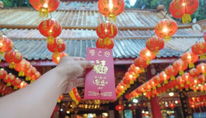 Chinese New Year Red Envelope with Lanterns Background