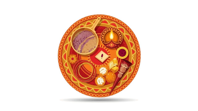 Illustration of a karva chauth puja thali with traditional Indian items on a decorative plate