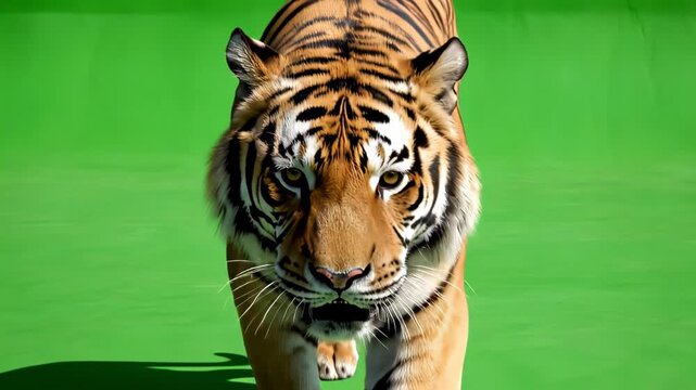 Front View of Bengal Tiger Walking on Green Background