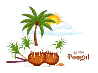 Pongal festival illustration with traditional pots and palm tree isolated on transparent background