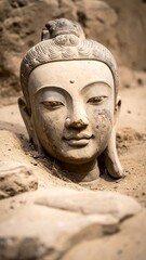 Obraz premium Close-up of an ancient stone sculpture emerging from earth