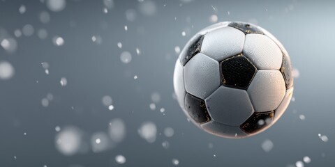 Fototapeta premium Dynamic Soccer Ball Floating Amidst Sparkling Particles, Sports Concept.