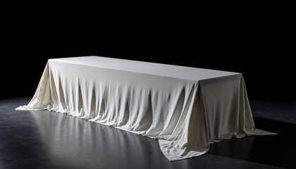 white tablecloth draped on rectangular table in dark room