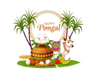 Vibrant pongal celebration with decorated cow and traditional offerings isolated on transparent background