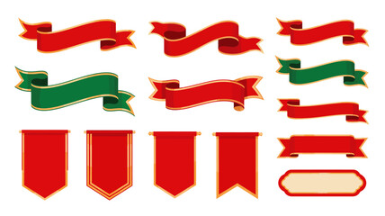 Collection of red and green ribbons and banners in various styles and shapes with gold trim on white background for festive decoration