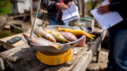 Tracking Fresh Catch: Weighing Fish on Dock Scale with Notebooks, Bokeh Effect Point of View Shot in Natural Light - Flat Lay Perspective