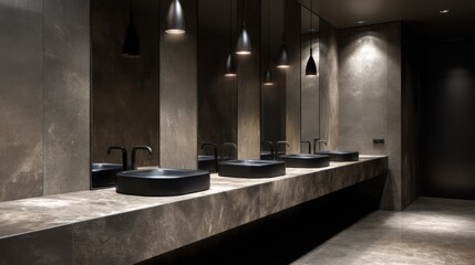 Fototapeta premium Luxurious Modern Bathroom Design with Sleek Black Sinks and Elegant Lighting Fixtures in a Stylish Interior Space