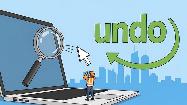 Man undoing action on laptop computer illustration.