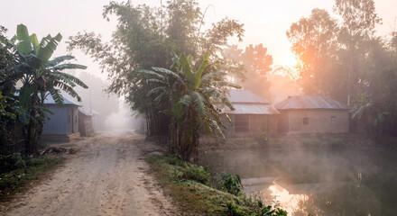 Peaceful Rural Village Morning in Bangladesh with Mist, Banana Trees and Sunrise Reflection