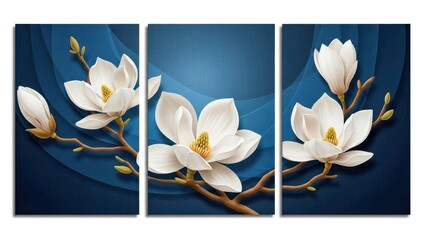 A beautiful triptych wall art piece features blossoming white magnolia flowers against a deep swirling dark blue background