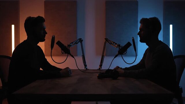 minimalist podcast recording studio scene with two human silhouettes no facial details sitting across a wooden table professional microphones on adjustable arms headphones on desk led lighting with or