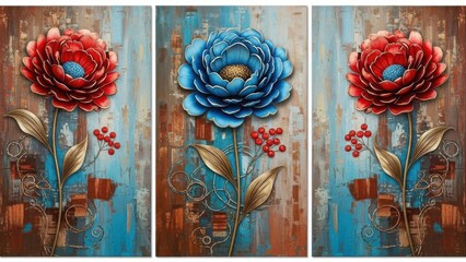 A stunning triptych showcases textured floral artwork with vibrant red and blue blooms against a rustic distressed background
