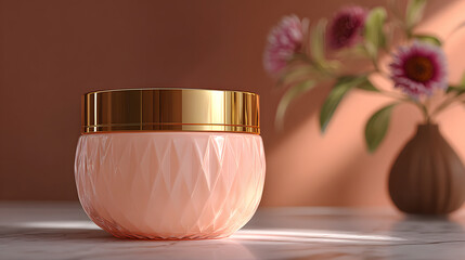 Elegant pink jar with gold lid on marble surface, featuring blurred floral background. scene exudes luxury and sophistication, perfect for beauty or skincare products