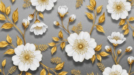A seamless floral pattern displays delicate white blossoms with golden centers and stems against a textured gray background creating an elegant design