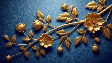 A stunning arrangement of golden floral elements gracefully ascends across a rich deeply textured blue patterned backdrop creating an elegant display