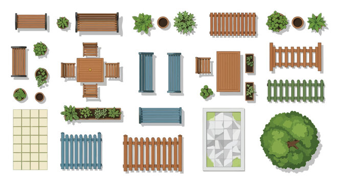 Aerial view of garden furniture plants and decorative elements