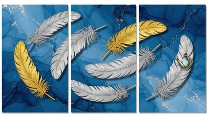 A stunning triptych showcases delicate white and gold feathers against a rich dark blue marble background creating an elegant display
