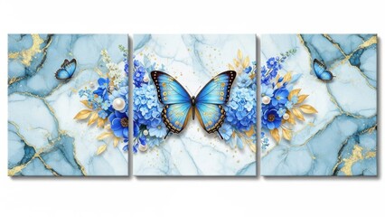 A stunning triptych wall art features blue butterflies amidst a marble and floral arrangement adding elegance to any space