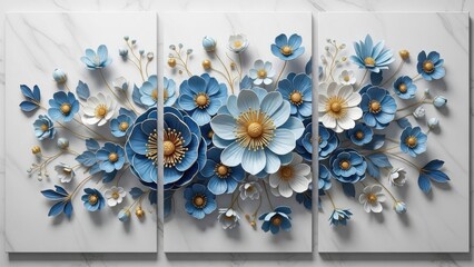 A stunning triptych wall art features delicate three dimensional blue and white floral arrangements against a marble backdrop