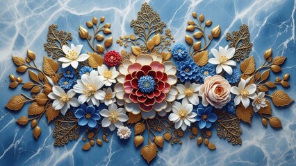 An elegant floral arrangement crafted with delicate white red and blue blossoms accented by golden foliage and a marble background