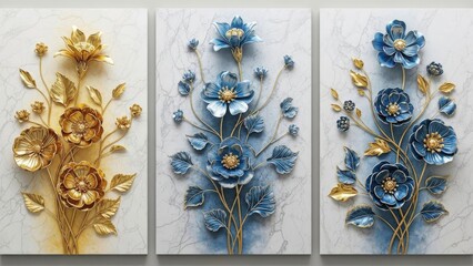 A stunning triptych wall art displays delicate blue and gold floral arrangements against a white marble background enhancing modern interiors
