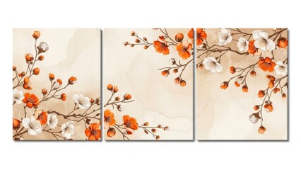 A stunning triptych wall art piece showcases delicate blossoming branches with vibrant orange and soft white flowers against a neutral backdrop