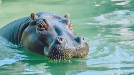 Fototapeta premium Close-Up View of a Large Hippopotamus with Its Eyes and Ears Above Green Water in a Calm River Scene