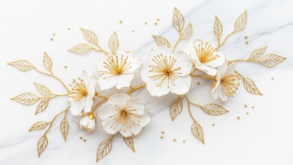 A delicate arrangement of white blossoms and golden foliage rests gracefully on a luxurious white marble surface creating an elegant display