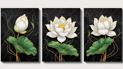 A stunning triptych wall art features elegant white lotus flowers with golden accents against a dark marble background