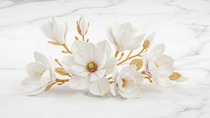A delicate arrangement of white magnolia blossoms with golden stems rests on a polished marble surface exuding elegance and serenity