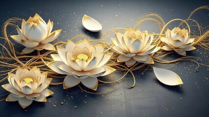 an elegant arrangement of golden and cream colored lotus flowers with delicate petals contrasting against a dark background