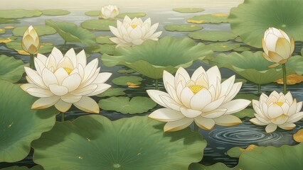 A serene depiction of white lotus flowers blooming amidst lush green lily pads on a calm dark water surface radiating peace
