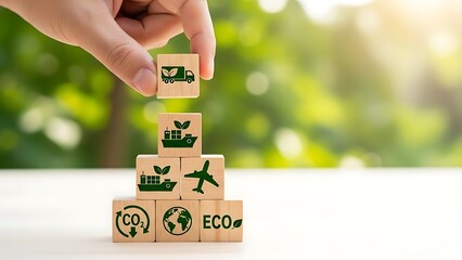 Eco-friendly transportation pyramid with wooden blocks and green icons