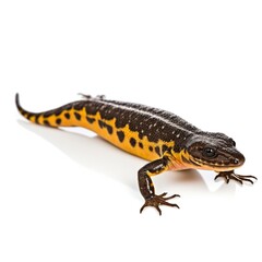 Obraz premium Colorful Fire Salamander-like Amphibian with Black Dorsal Pattern and Bright Orange Belly in Studio Photography