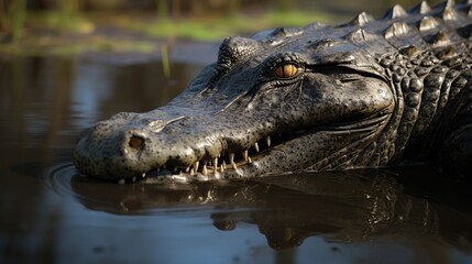 Fototapeta premium Close-Up View of an Alligator's Head Floating in Murky Water at Sunset