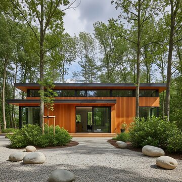 Contemporary wooden residence nestles harmoniously within a dense forest setting