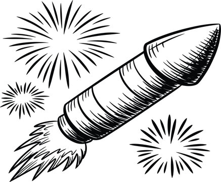 Rocket firework vector illustration with woodcut style explosions and sparkles