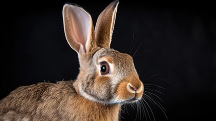 Fototapeta premium Curious brown rabbit with upright ears and alert eyes against a dark studio backdrop